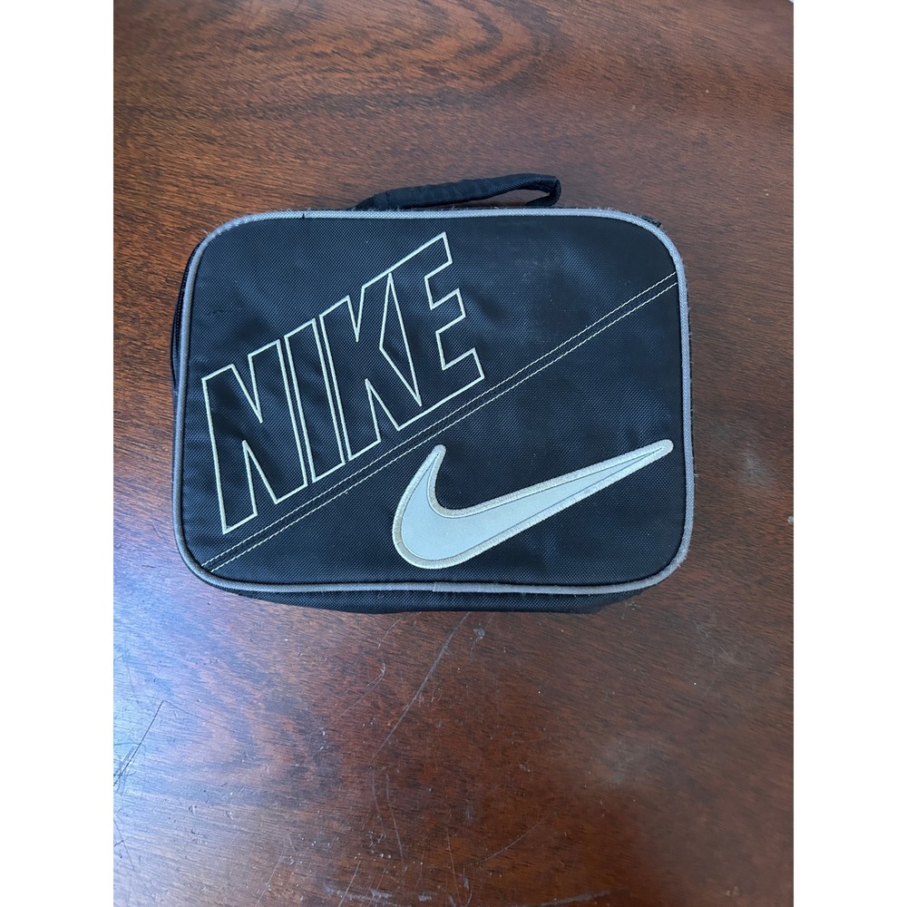 Nike Insulated Lunch Bag Black Silver Swoosh Logo Box Zip Closure Carry Handle